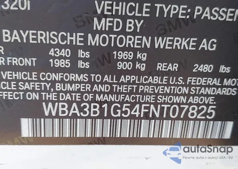 2015 BMW 320I z USA, uszkodzony, nr VIN WBA3B1G54FNT07825
